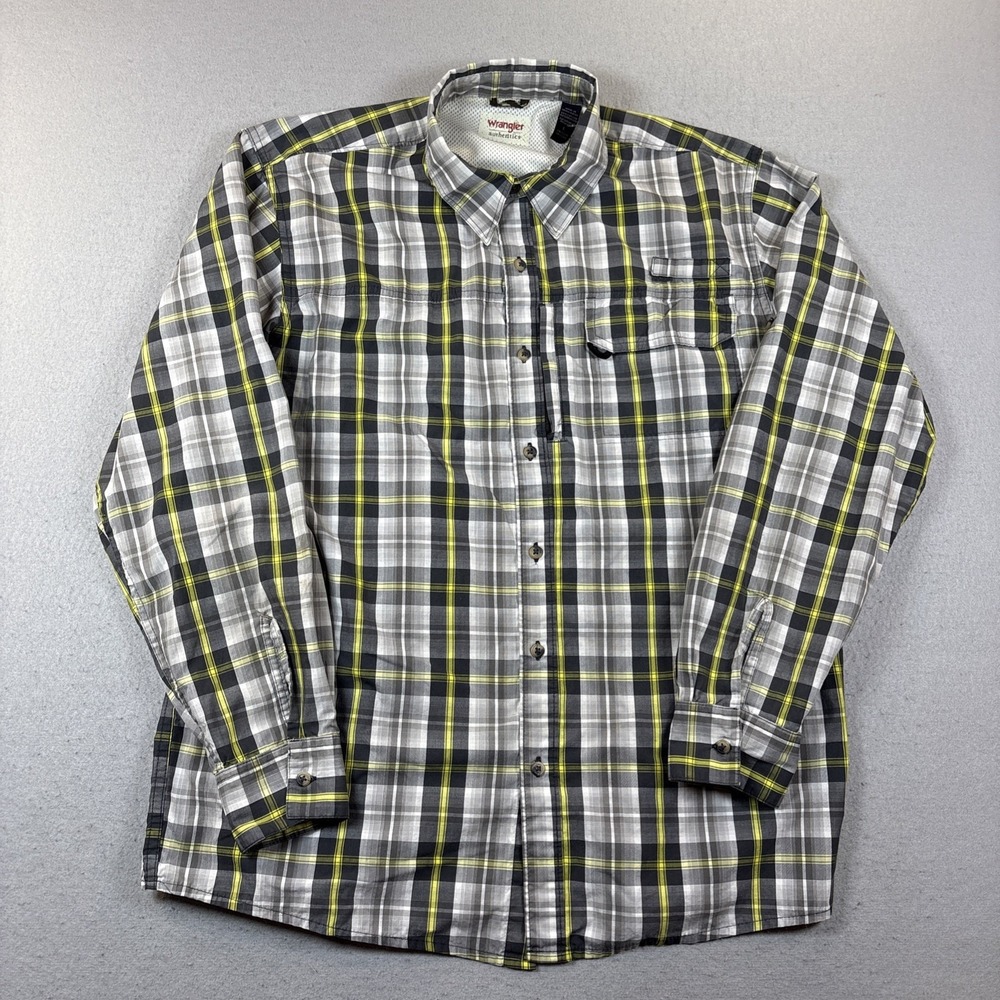 Wrangler Authentic Gray Plaid Long Sleeve Button Shirt L Cotton Breathable Vent